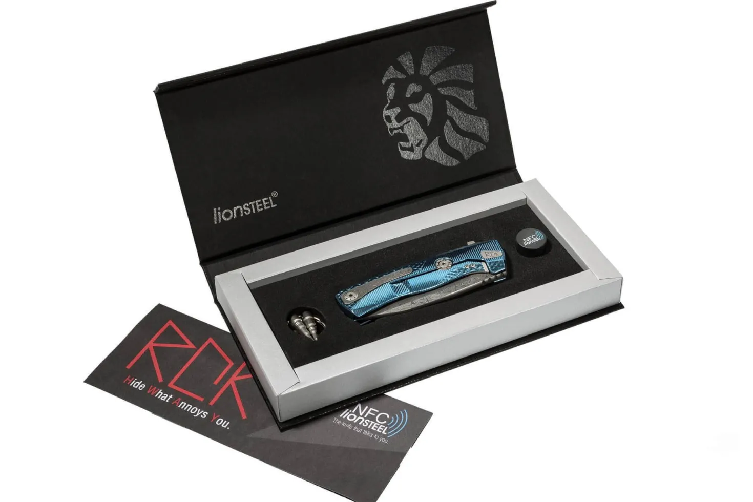 Couteau pliant LionSteel ROK damas manche titanium bleu 11cm