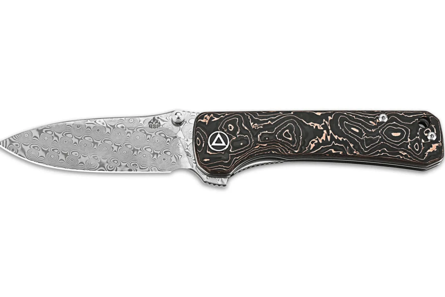 Couteau pliant QSP Hawk 131S acier damas manche en fibre de carbone et cuivre 10,5cm