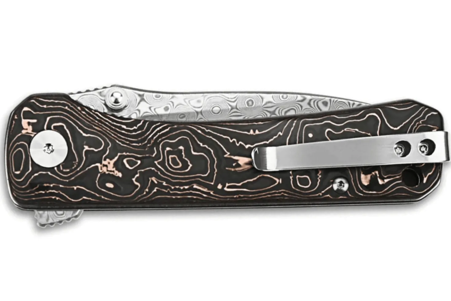 Couteau pliant QSP Hawk 131S acier damas manche en fibre de carbone et cuivre 10,5cm