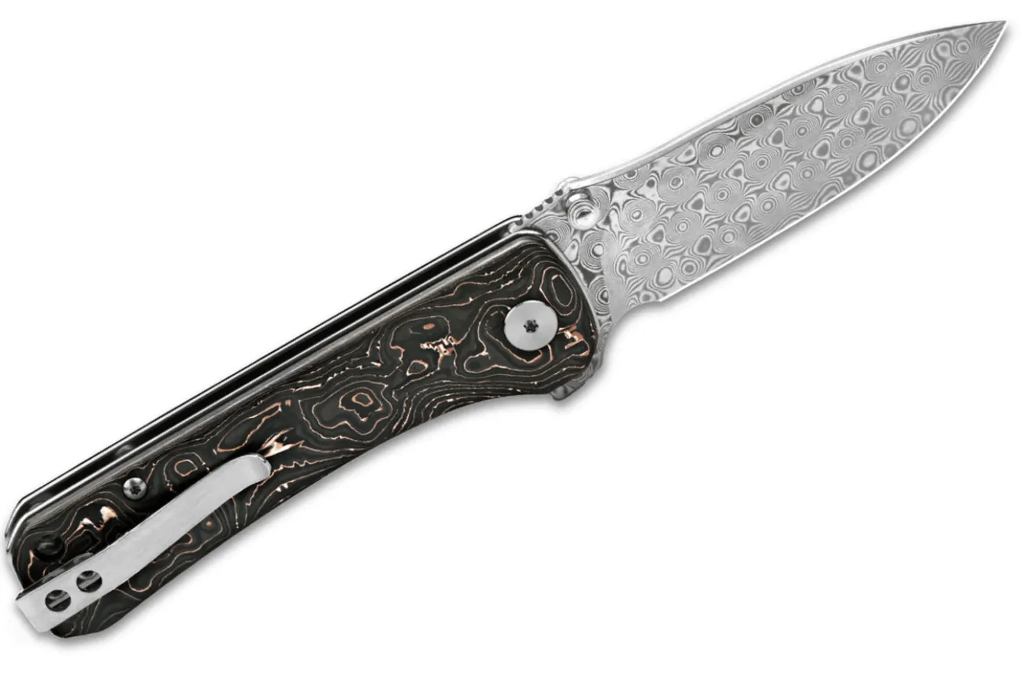 Couteau pliant QSP Hawk 131S acier damas manche en fibre de carbone et cuivre 10,5cm