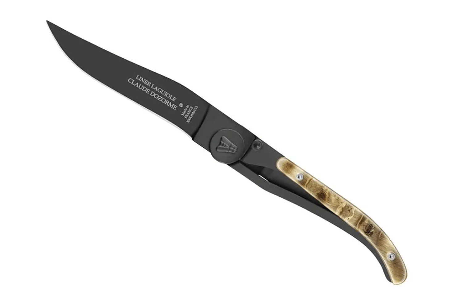 Couteau pliant ultra fin Laguiole Claude Dozorme noir manche corne de bélier 11cm