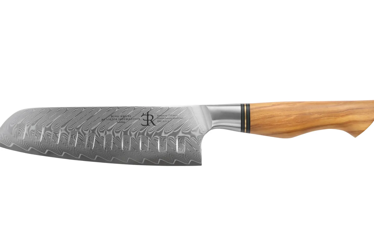 Couteau santoku alvéolé 18cm Ryda Knives ST650 Damas et manche en olivier