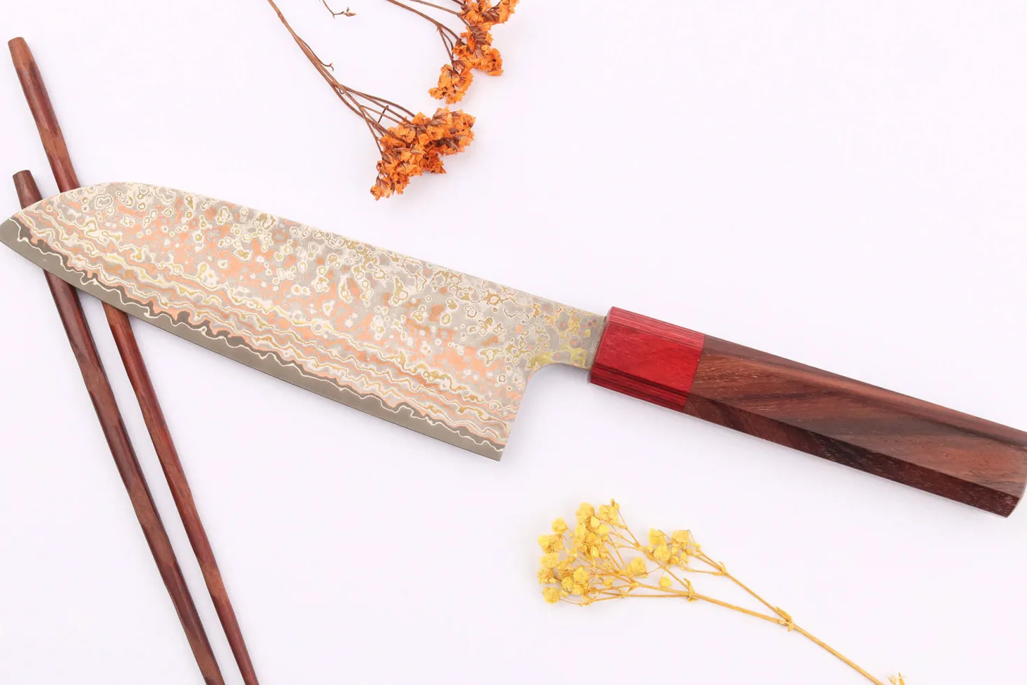 Couteau santoku 16,5cm japonais artisanal Takeshi Saji VG10 Rainbow Nashiji
