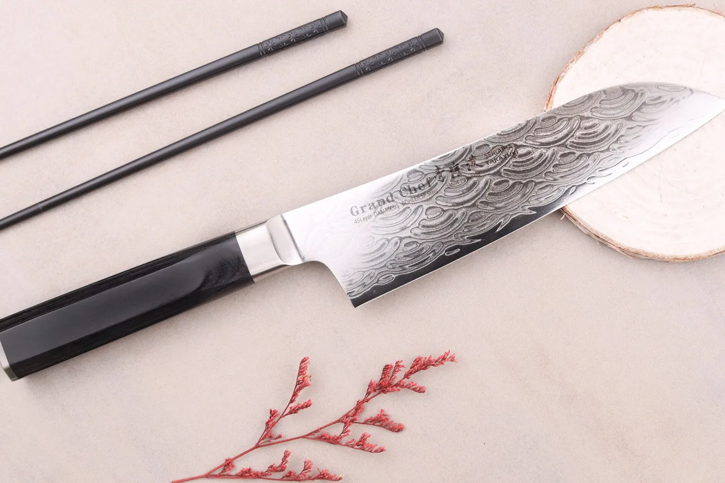 Couteau santoku 18cm japonais Sakai Takayuki Grand Chef Seigaiha Damas 45 couches