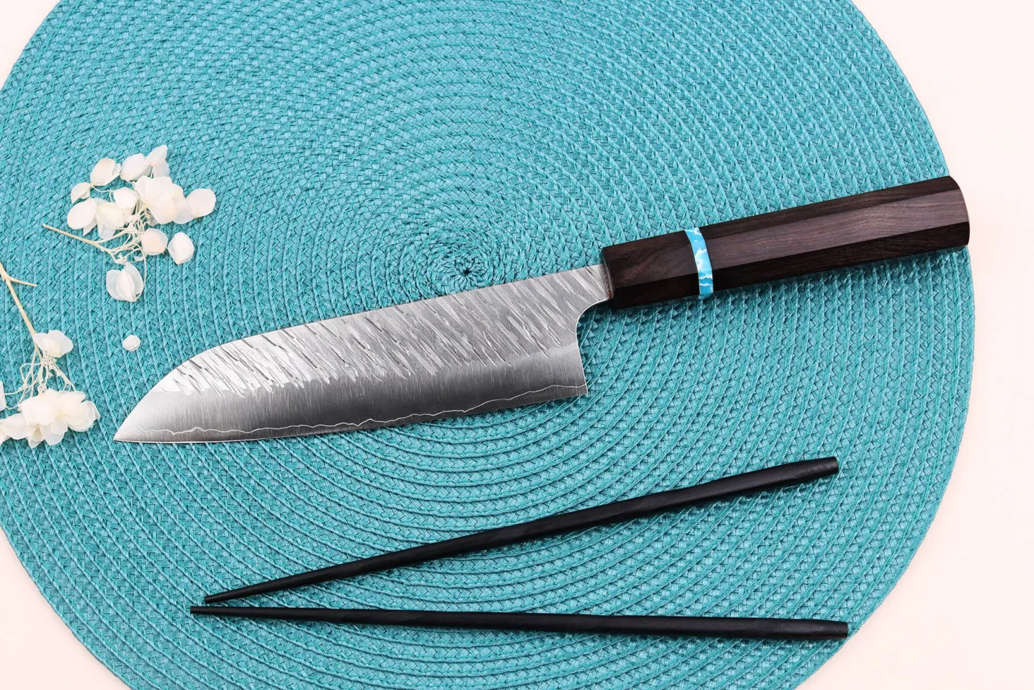 Couteau santoku japonais artisanal Yu Kurosaki Fujin 16,5cm SG2 turquoise