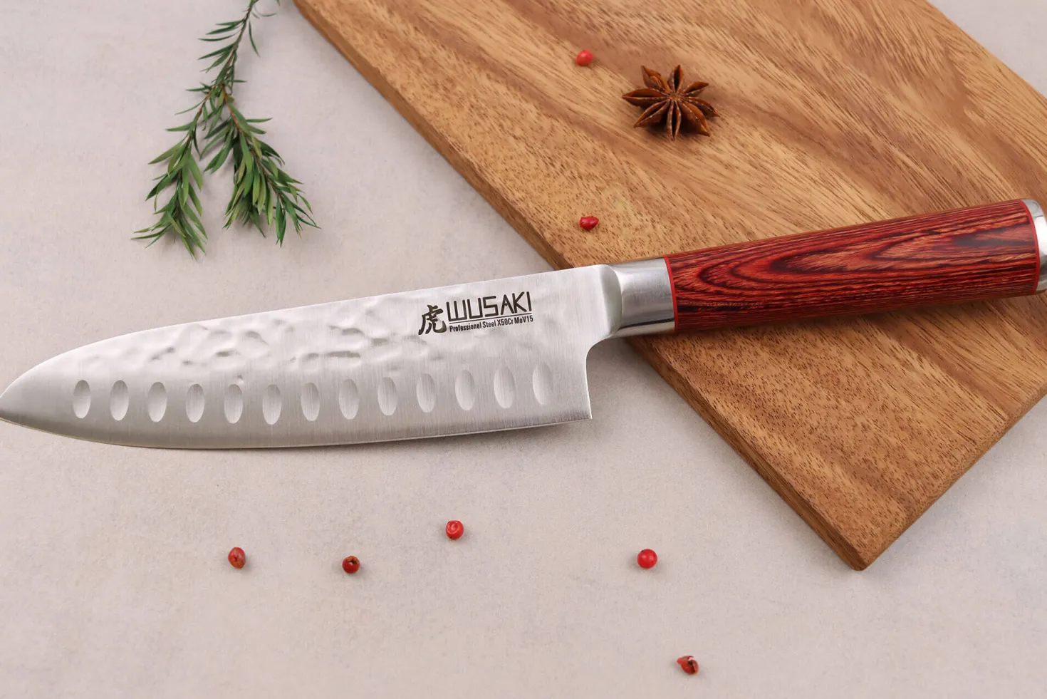 Couteau santoku Wusaki Pakka X50 alvéolé 17cm manche pakkawood