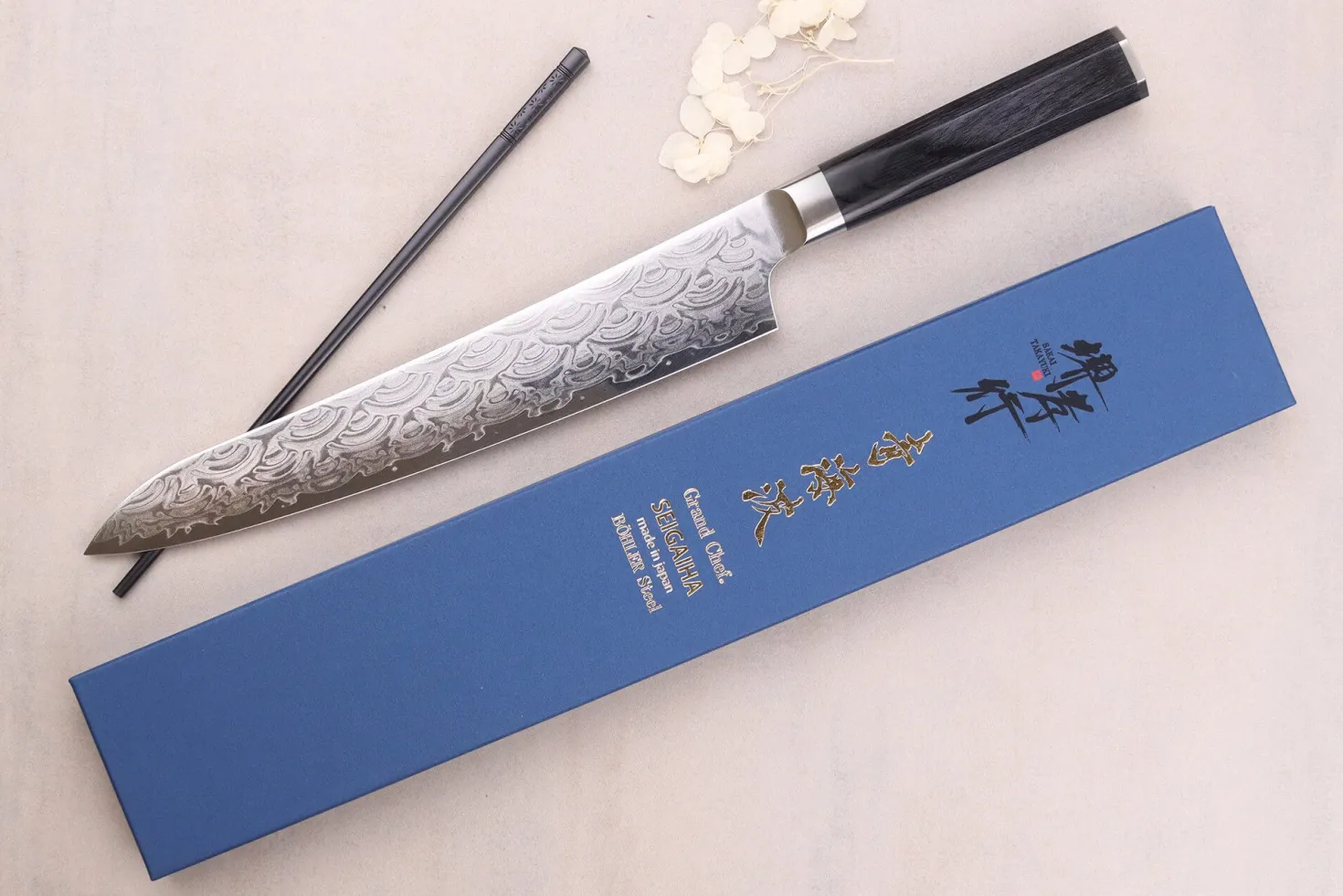 Couteau sujihiki 24cm japonais Sakai Takayuki Grand Chef Seigaiha Damas 45 couches