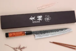 Couteau sujihiki 24cm japonais artisanal Kisuke Manaka Enn en cognassier avec 2 anneaux