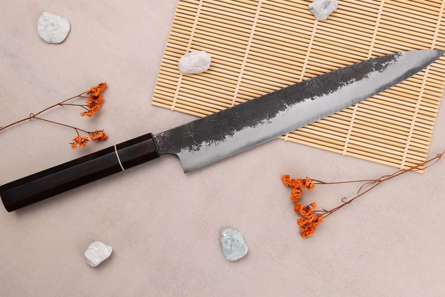 Couteau sujihiki 24cm japonais artisanal Naoki Mazaki WS2 Black Nashiji