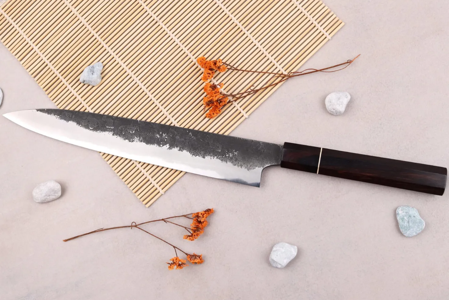 Couteau sujihiki 24cm japonais artisanal Naoki Mazaki WS2 Black Nashiji