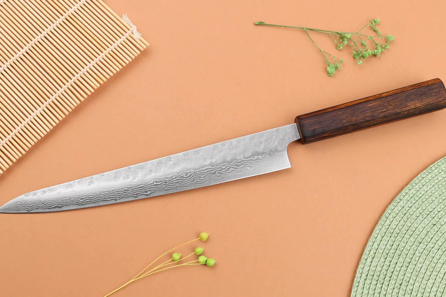 Couteau sujihiki 24cm japonais artisanal Yuzo Enju Damas 440C