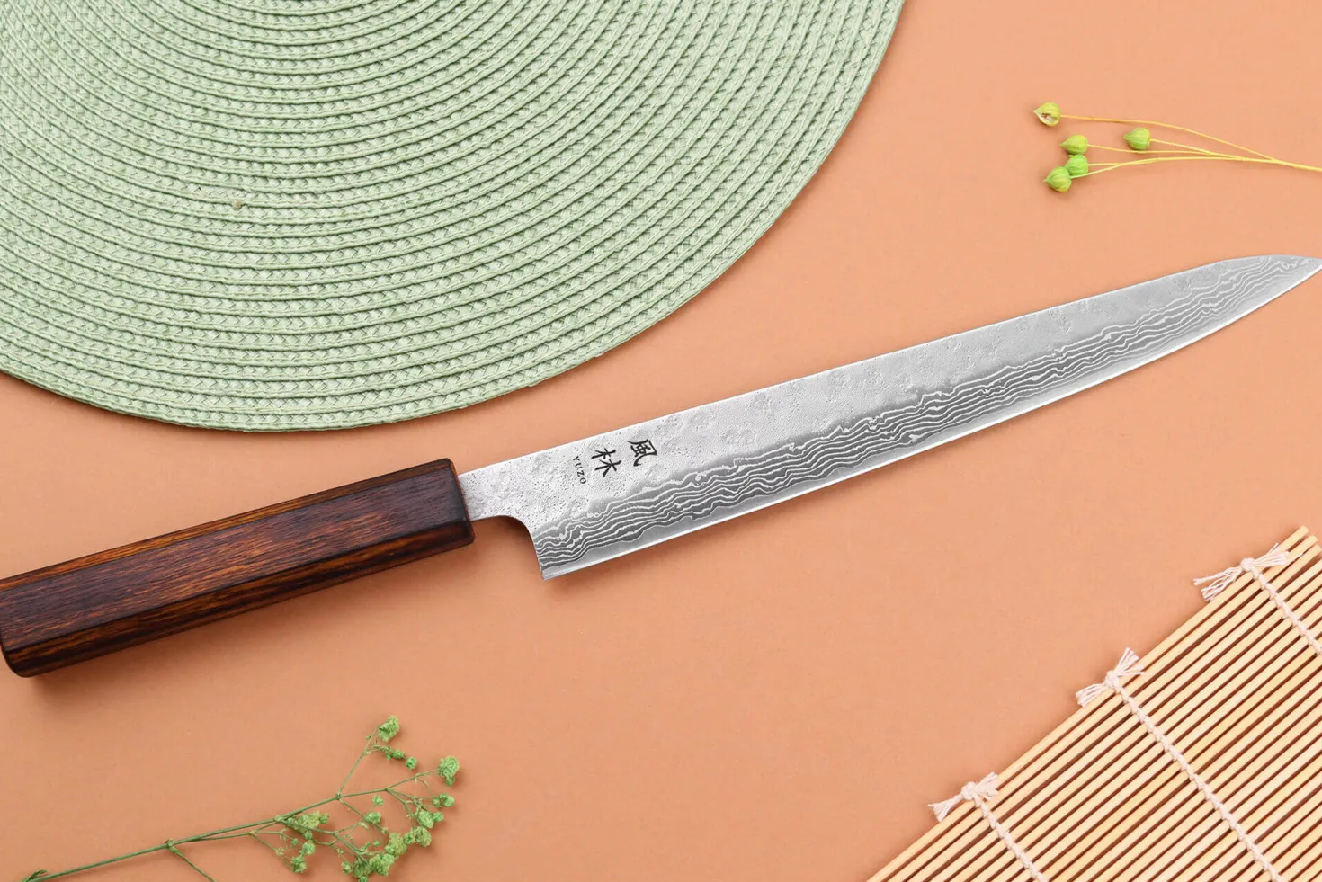 Couteau sujihiki 24cm japonais artisanal Yuzo Enju Damas 440C