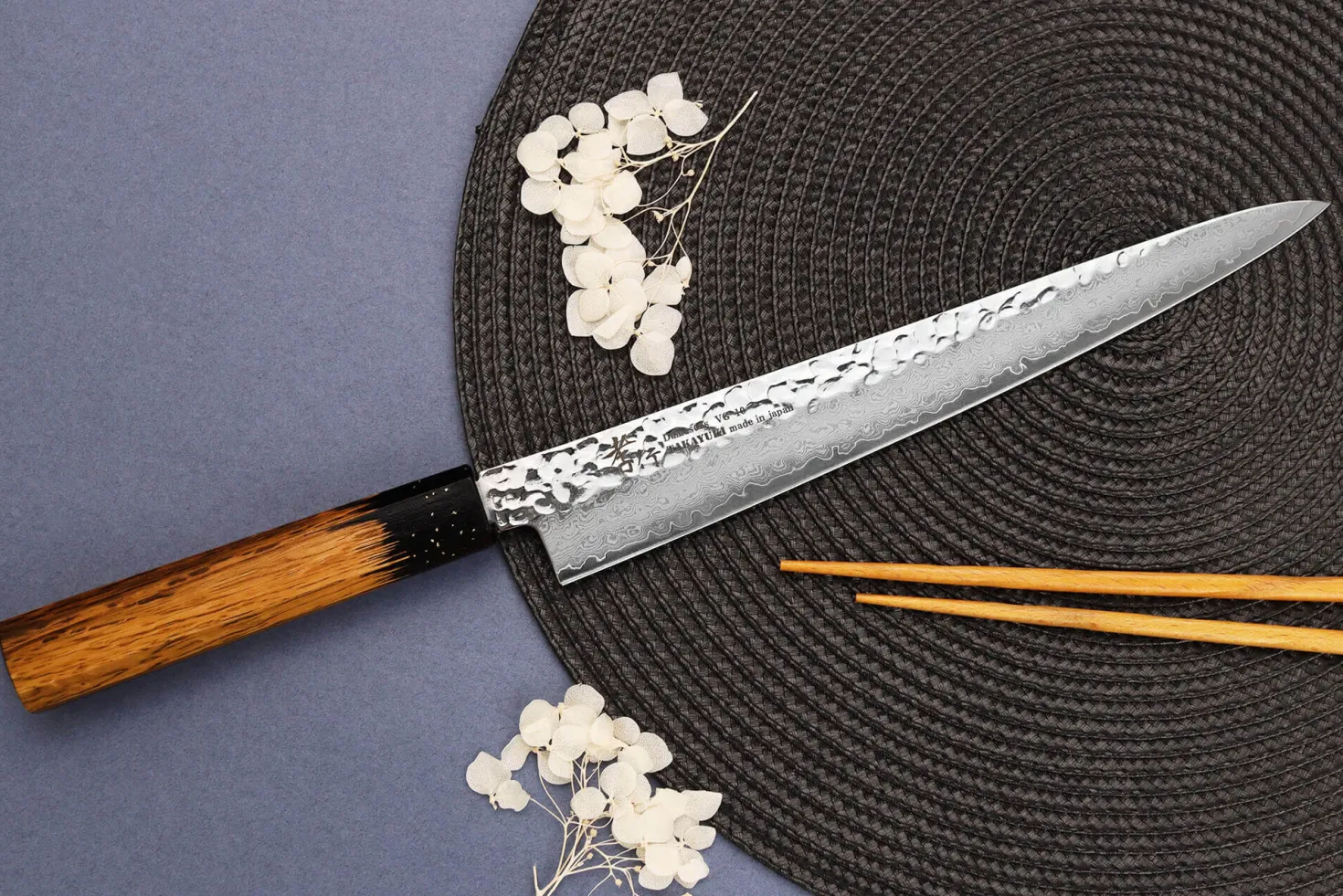 Couteau sujihiki 24cm japonais Sakai Takayuki Kashi Urushi VG10 damas