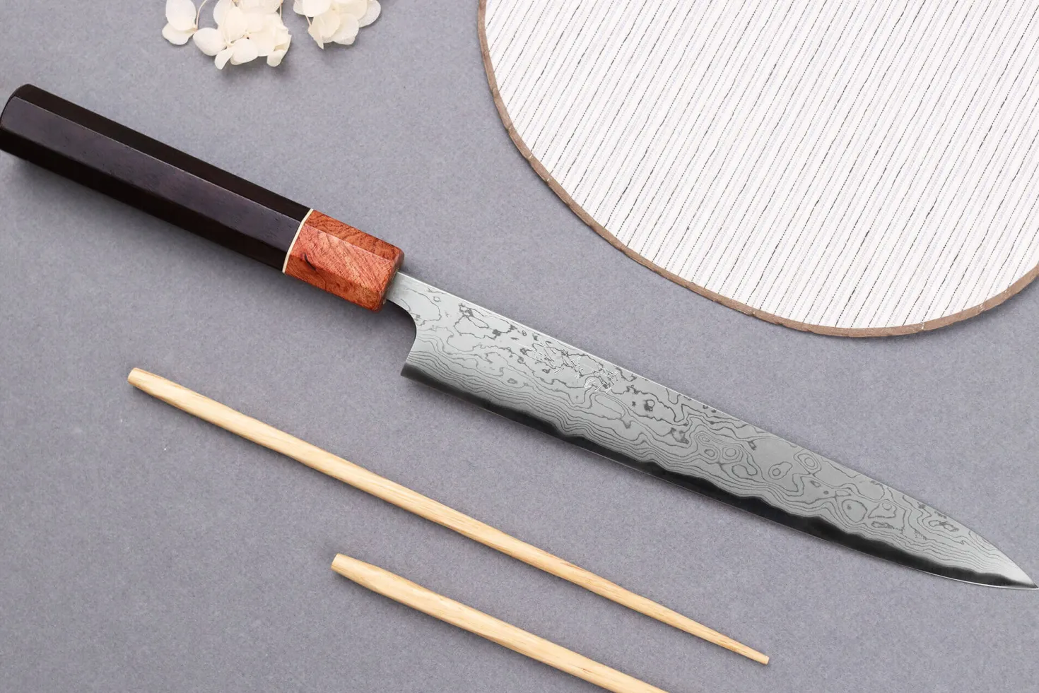 Couteau sujihiki 21cm japonais artisanal Toshihiro Wakui Aogami 2 damas laminé