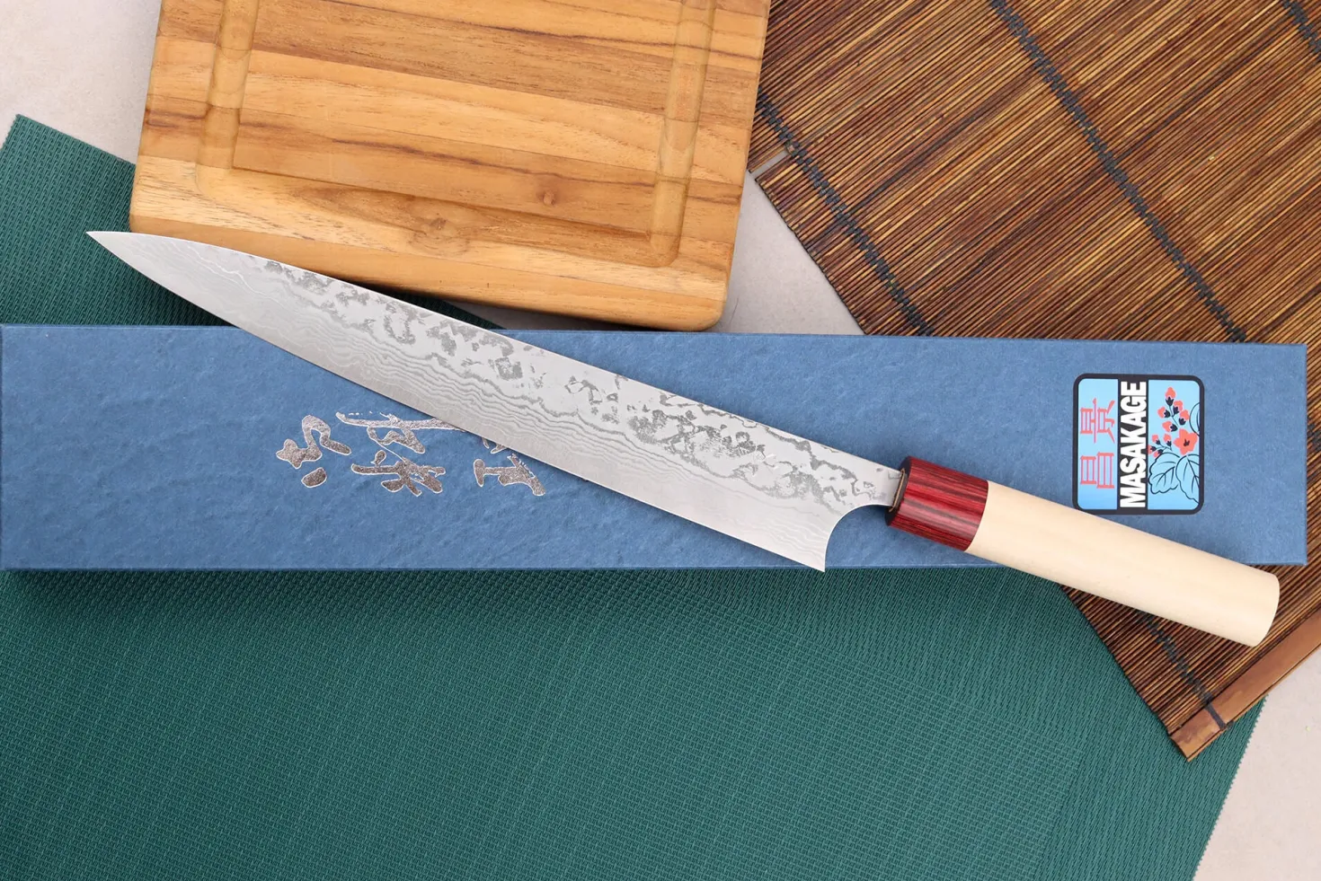 Couteau sujihiki japonais artisanal Masagake Kiri 27cm damas 49 couches