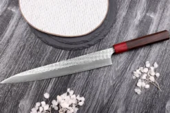 Couteau sujihiki japonais artisanal Yoshimi Kato Minamo SG2 Tsuchime 27cm