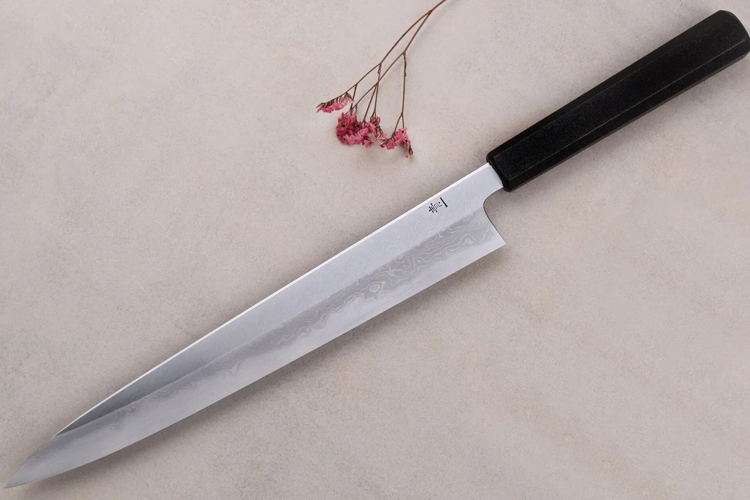Couteau sujihiki japonais artisanal Kagekiyo Yoshikazu Tanaka Damas Aogami 27cm
