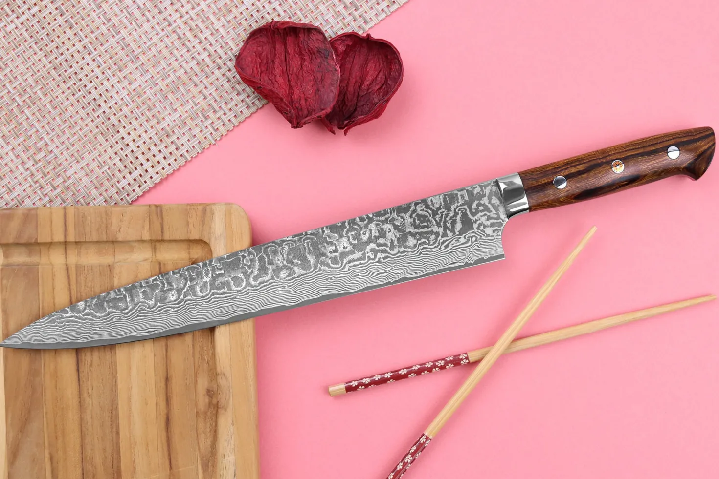 Couteau sujihiki japonais Takeshi Saji R2 Damas Mosaïque 27cm