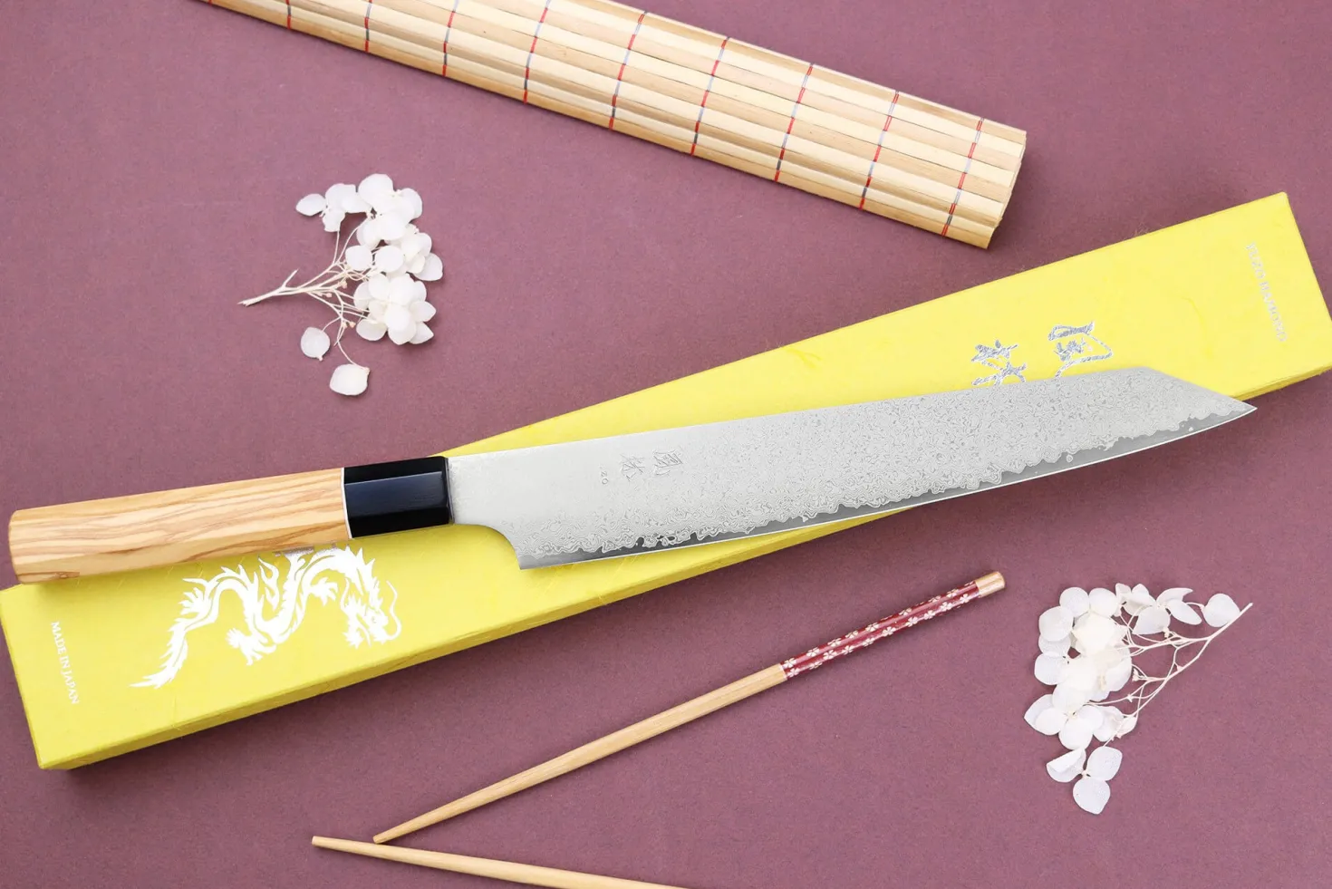 Couteau sujihiki kiritsuke 24cm japonais artisanal Yuzo Damas VG10