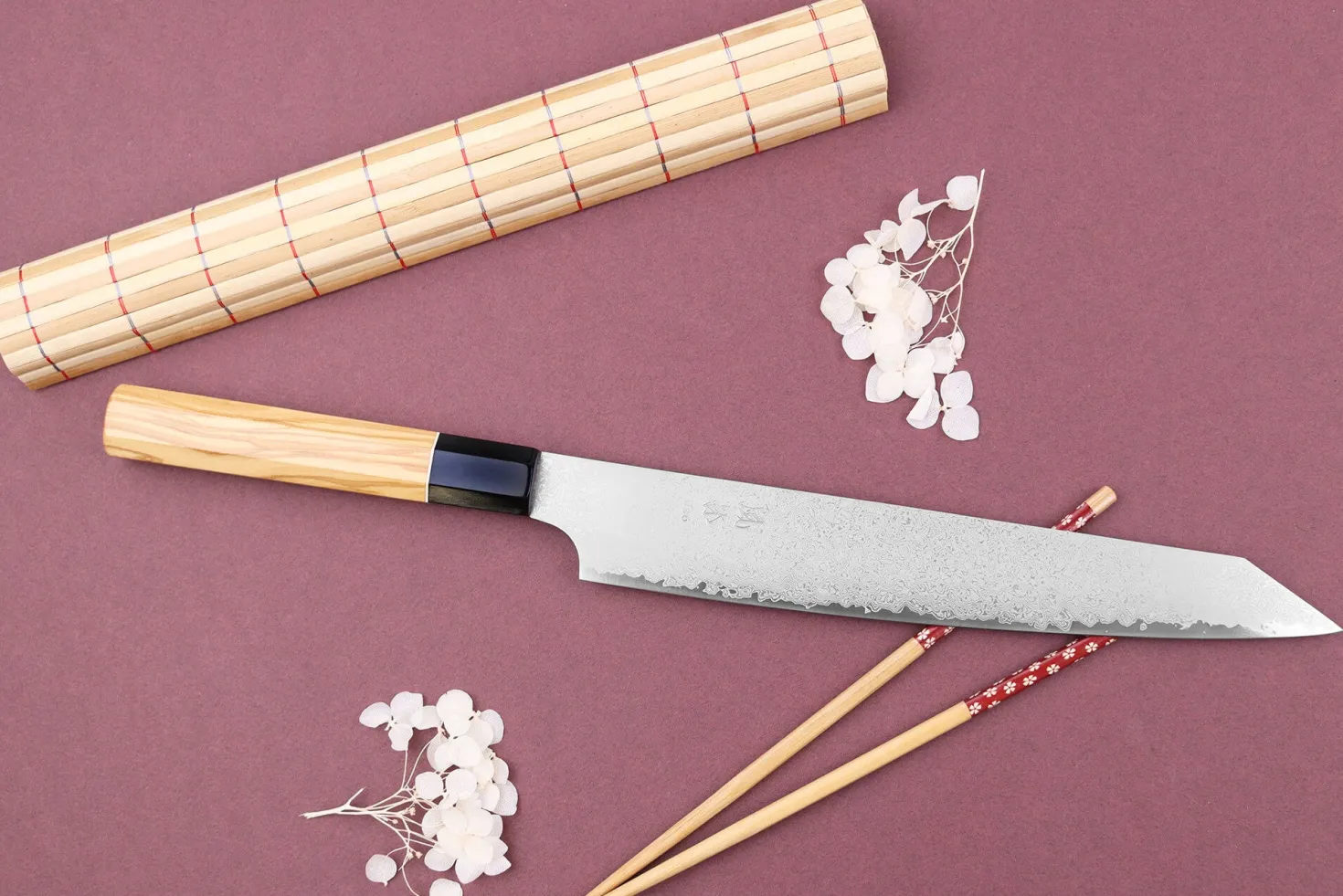 Couteau sujihiki kiritsuke 24cm japonais artisanal Yuzo Damas VG10