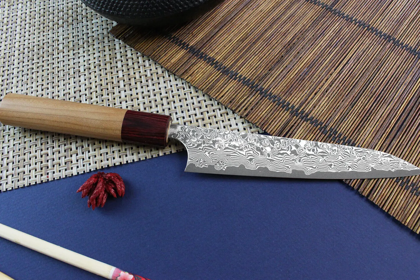 Couteau universel japonais artisanal Yoshimi Kato 15cm VG10 Nickel Damascus cerisier
