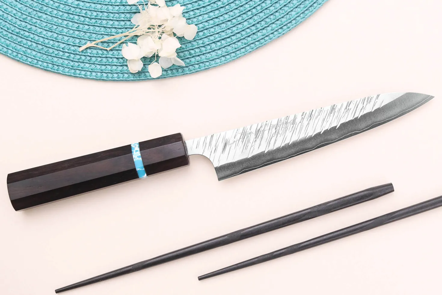 Couteau universel japonais artisanal Yu Kurosaki Fujin 15cm SG2 turquoise
