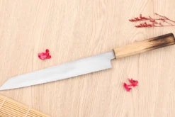 Couteau yanagiba kiritsuke 24cm japonais artisanal Nakamura Kaishin Saku WS2 en chêne