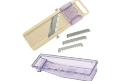 Mandoline japonaise professionnelle Benriner 3 lames couloir 6.5cm + poussoir et bac