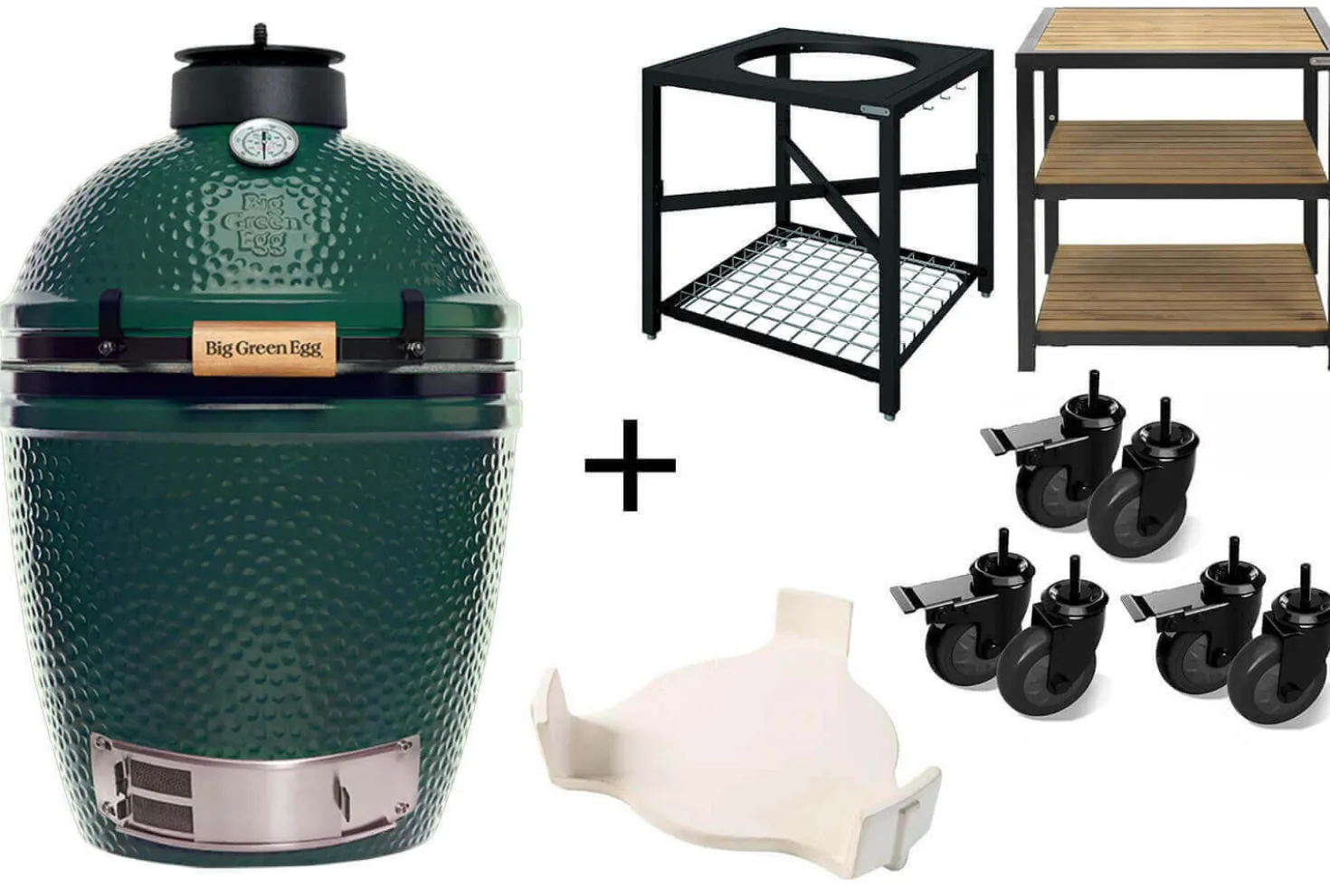 Pack Big Green Egg Medium barbecue + convEGGtor + table modulaire + meuble d'extension + 6 roulettes