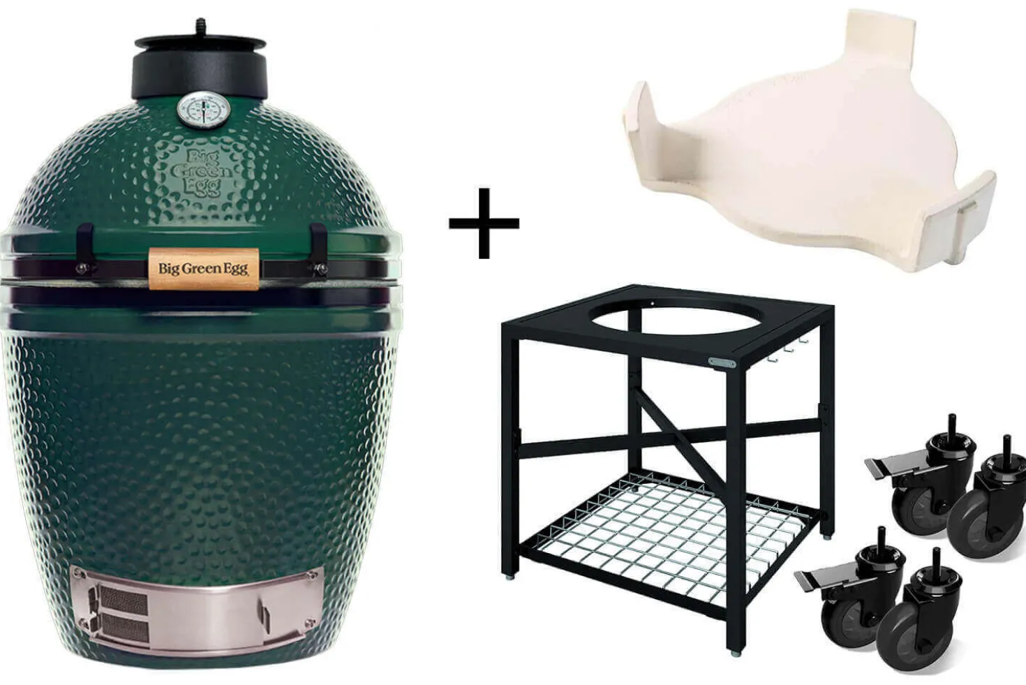 Pack Big Green Egg Medium barbecue + convEGGtor + table modulaire + 4 roulettes