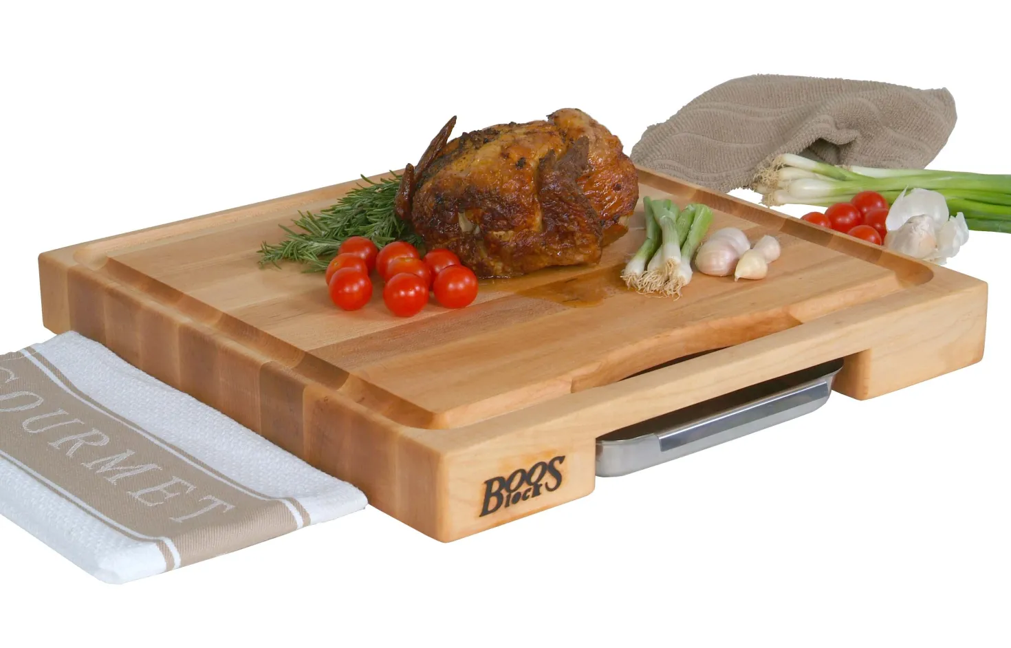 Planche Boos Blocks Prep Masters bois d'érable + plateau acier 46x46x6cm