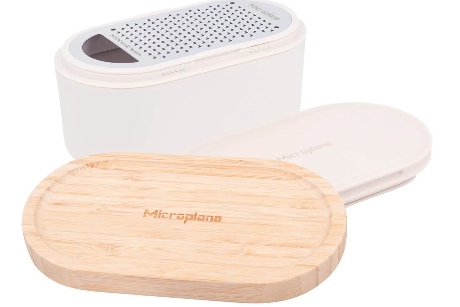 Râpe Microplane 3-en-1 blanche avec boîte de conservation et double couvercle