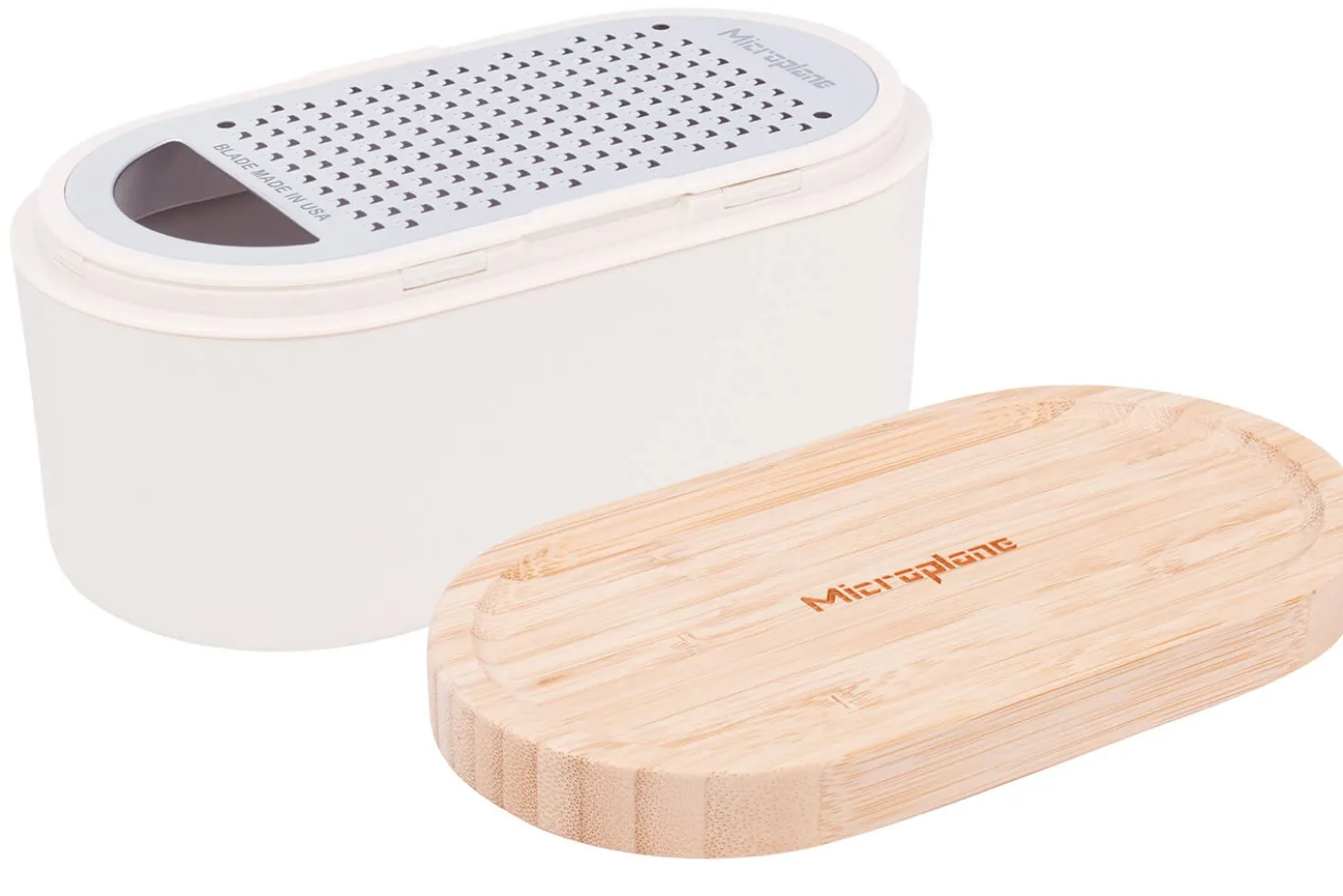 Râpe Microplane 3-en-1 blanche avec boîte de conservation et double couvercle