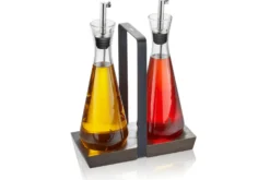 Set de 2 distributeurs à vinaigre et à huile Gefu X-Plosion en verre 250ml + support acacia