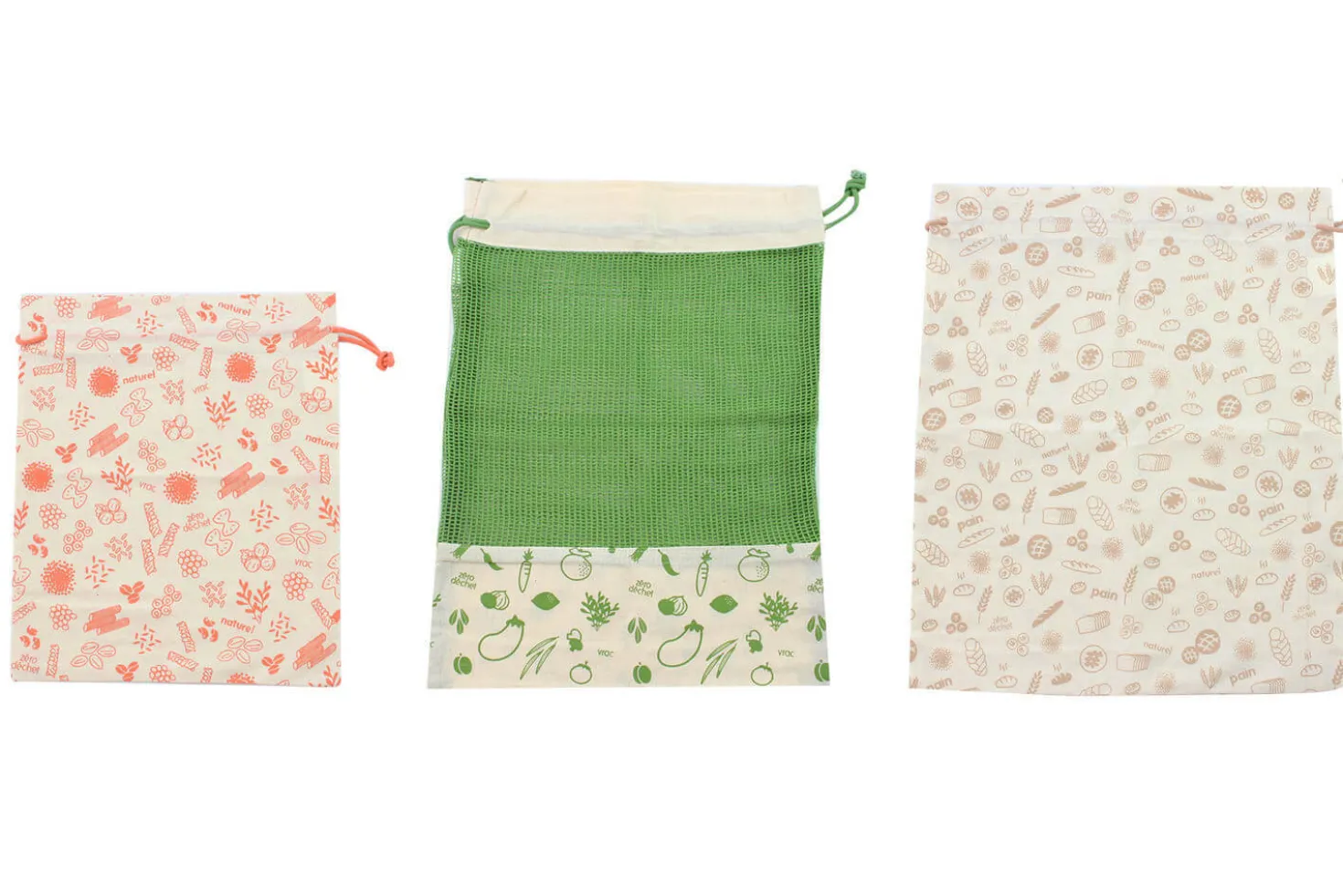 Set de 3 sacs zéro déchet Pebbly en coton biologique pour légumes, pain, vrac