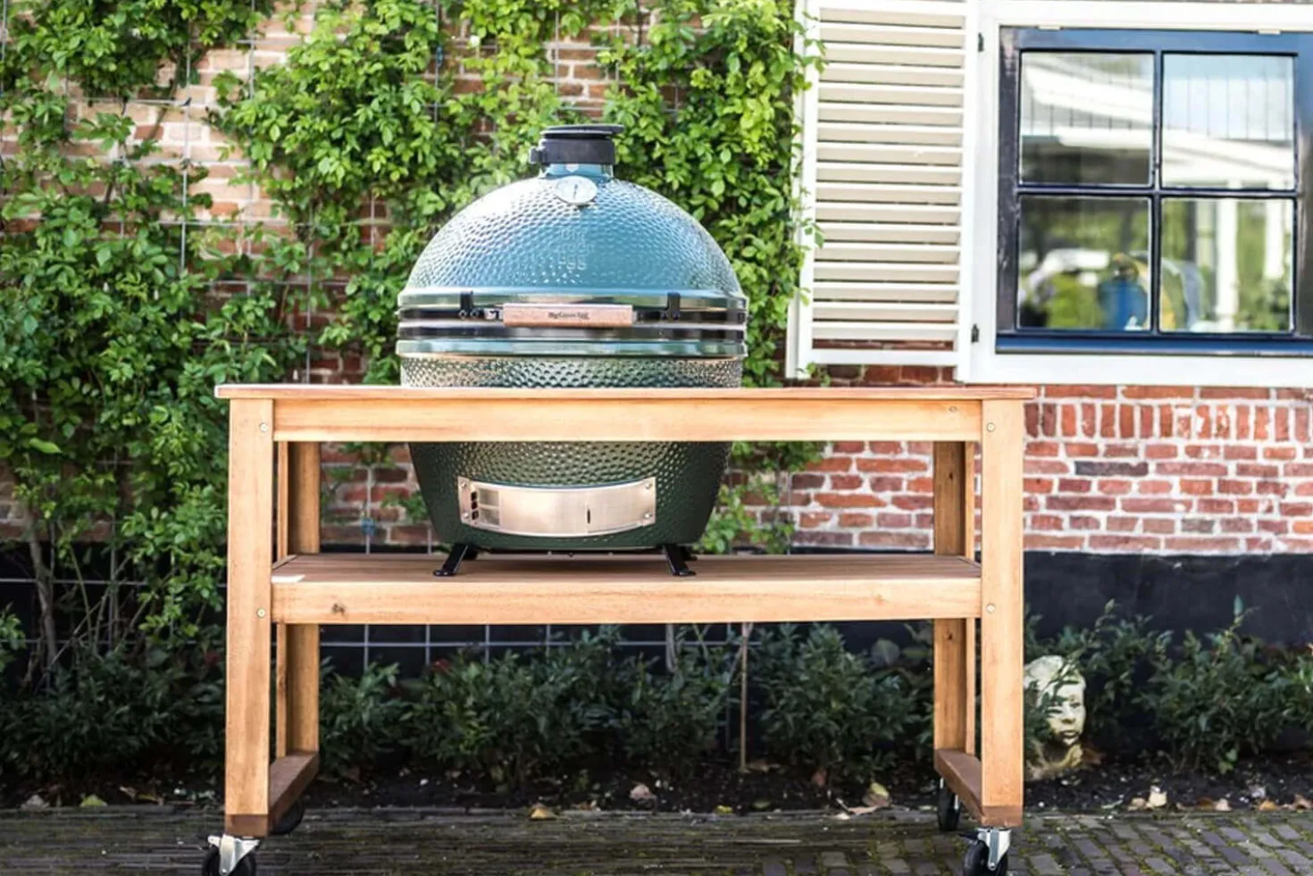 Table en bois d'eucalyptus pour barbecue Big Green Egg XLarge