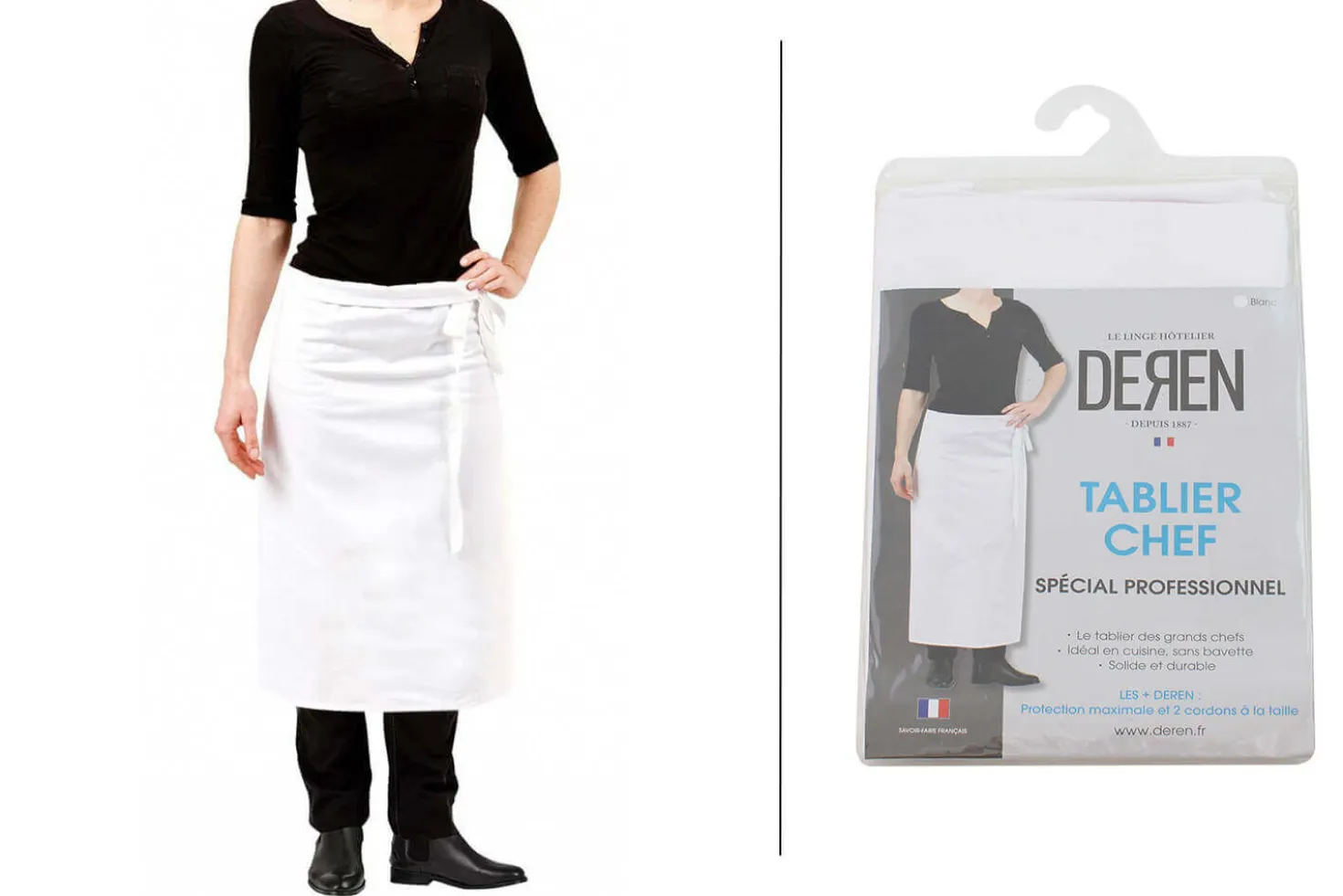 Tablier de cuisinier chef Deren 100% coton blanc